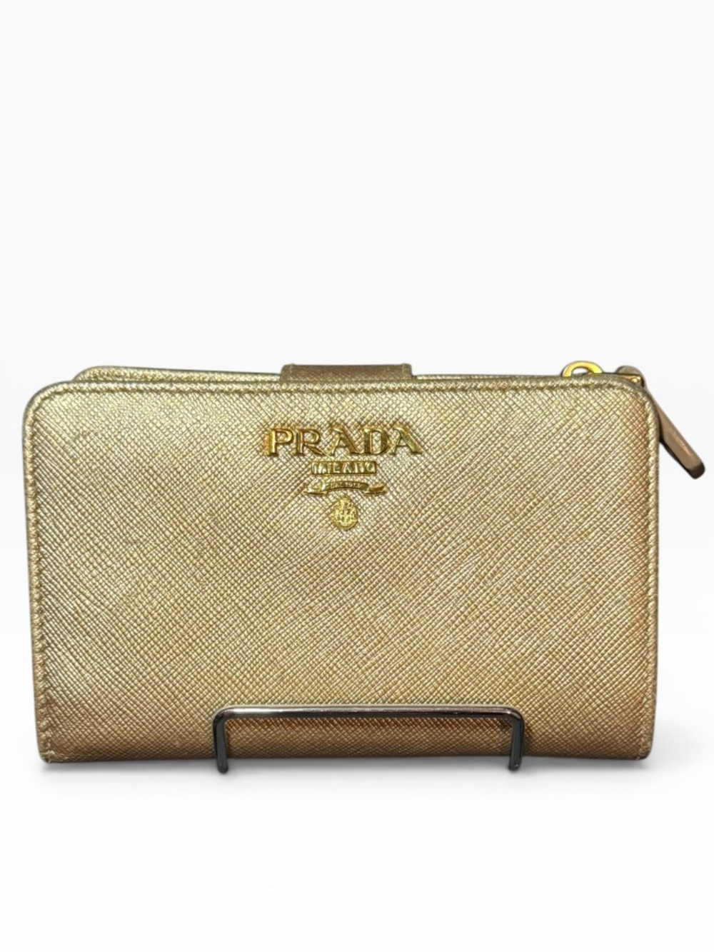 Prada Gold Champagne Metallic Saffiano Leather French Wallet